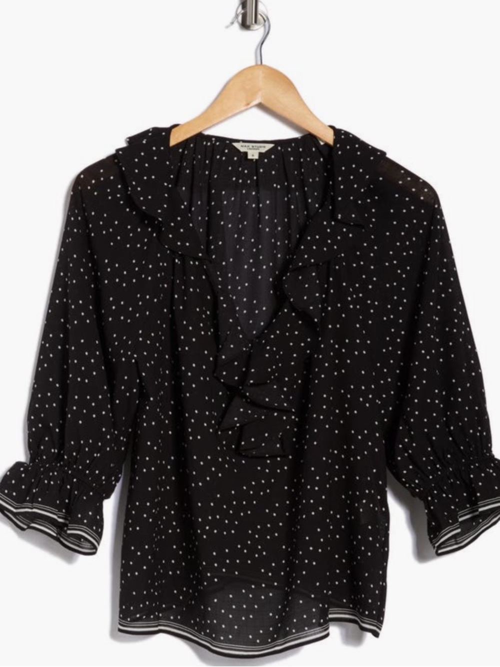 Max Studio Black Polka Dot Ruffle V-Neck Blouse Size small NWT
